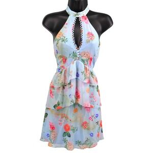 Express Floral Halter Mini Dress Womens 4 Blue Ruffle‎ Wedding Guest NWT